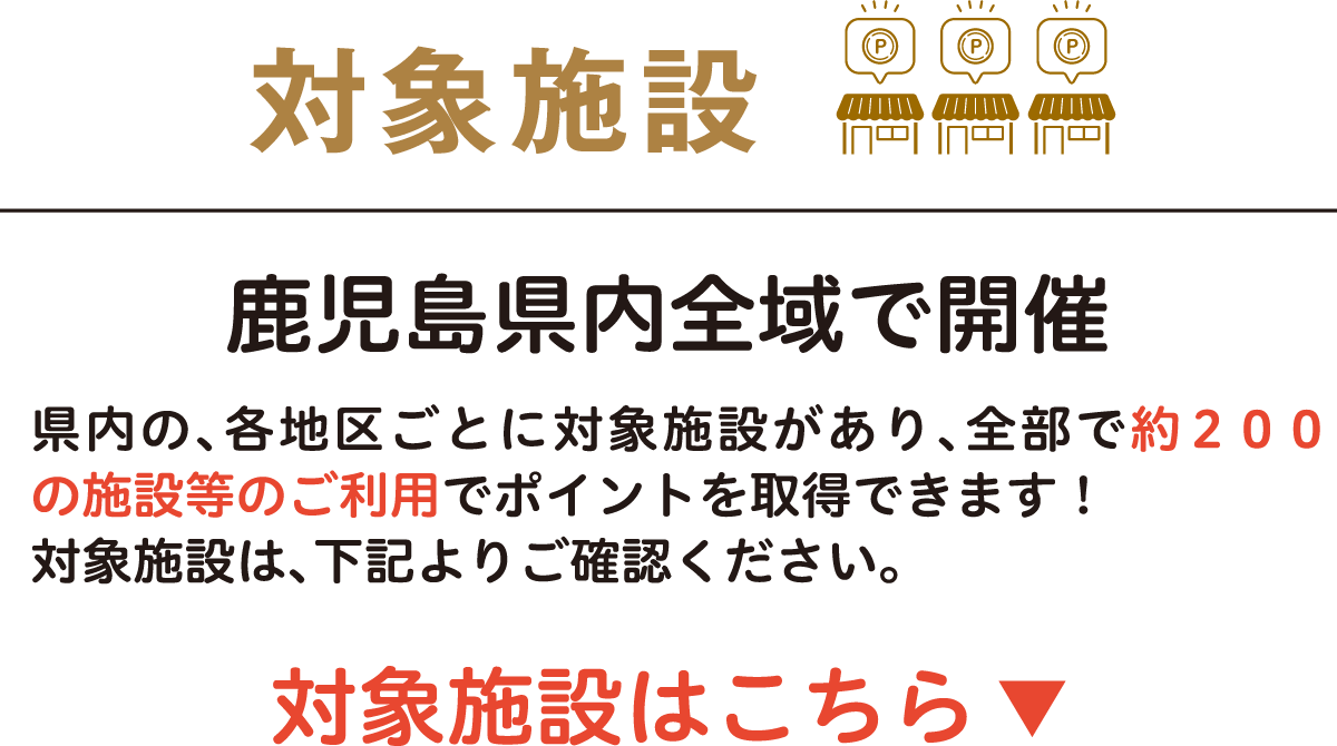対象店舗 鹿児島県内の全域で開催 鹿児島県内の、各地区ごとに対象店舗があり、全部で約200店舗のお店でポイントの取得が可能です！詳しい店舗情報は、下記QRコードよりご確認ください。 対象施設はこちら↓